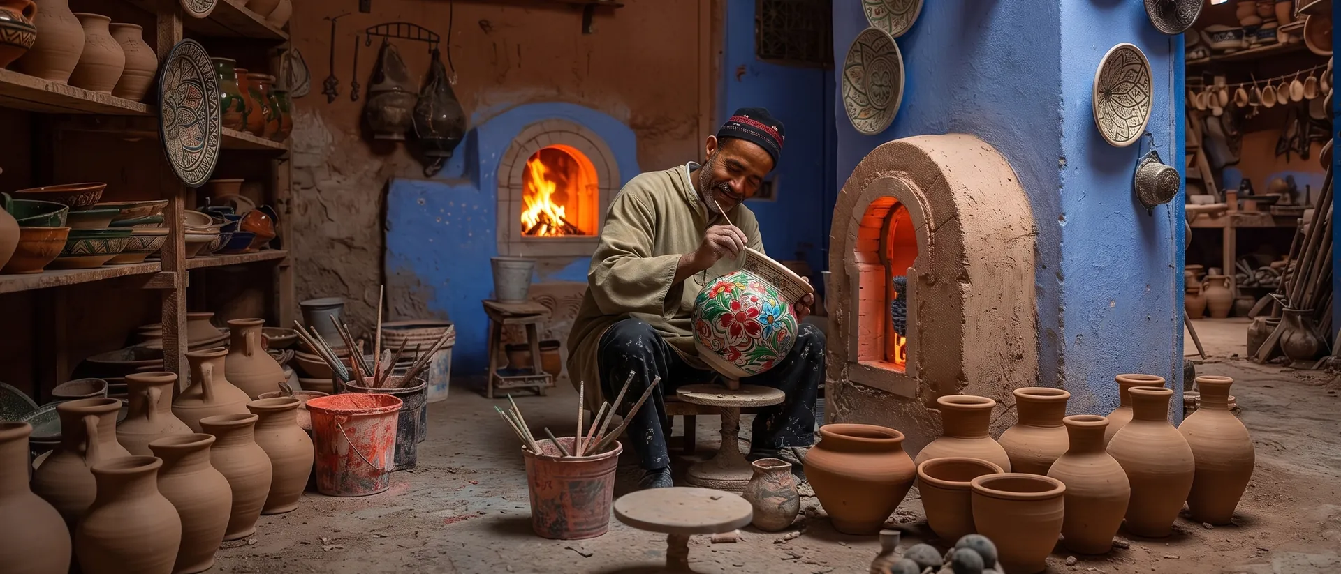 A craftsman hand-painting a ceramic vase in a traditional pottery workshop